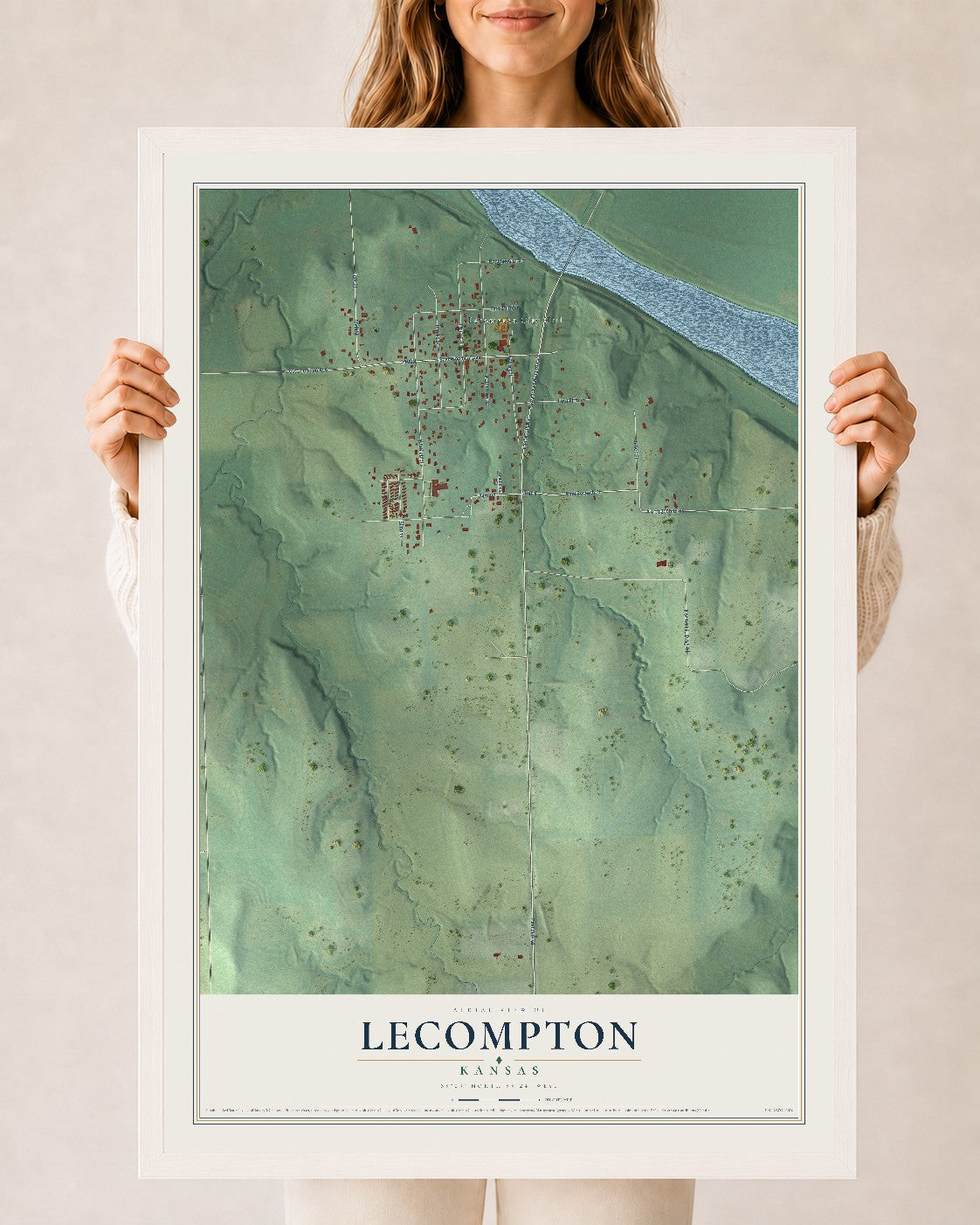 Map of Lecompton, Kansas, 24 x 36 inch print in a white wood frame