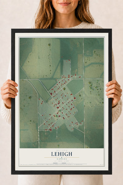 Map of Lehigh, Kansas, 18 x 24 inch print in a black wood frame