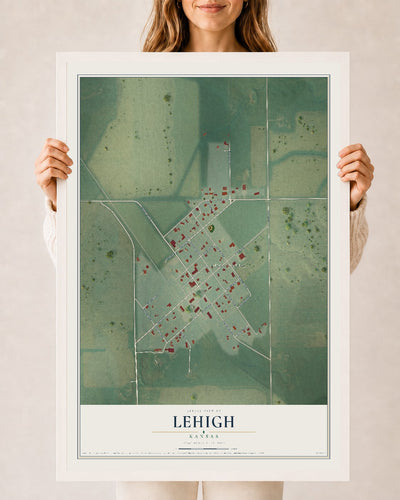 Map of Lehigh, Kansas, 24 x 36 inch print in a white wood frame