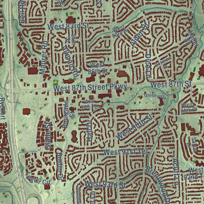 Close-up of the map of Lenexa, Kansas print showing street and building detail
