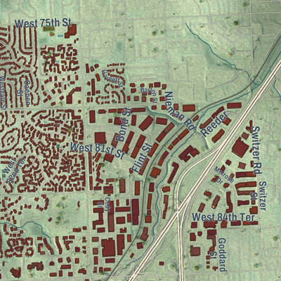 Second close-up of the map of Lenexa, Kansas print showing more streets and buildings