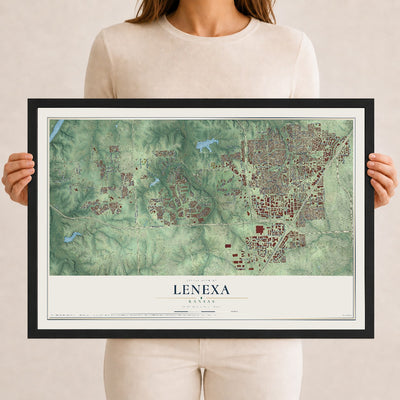 Map of Lenexa, Kansas, 12 x 18 inch print in a black wood frame