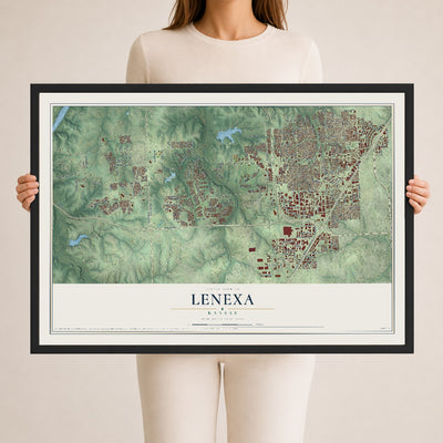 Map of Lenexa, Kansas, 24 x 36 inch print in a black wood frame