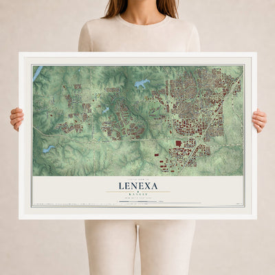 Map of Lenexa, Kansas, 24 x 36 inch print in a white wood frame