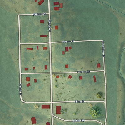 Close-up of the map of Leona, Kansas print showing street and building detail