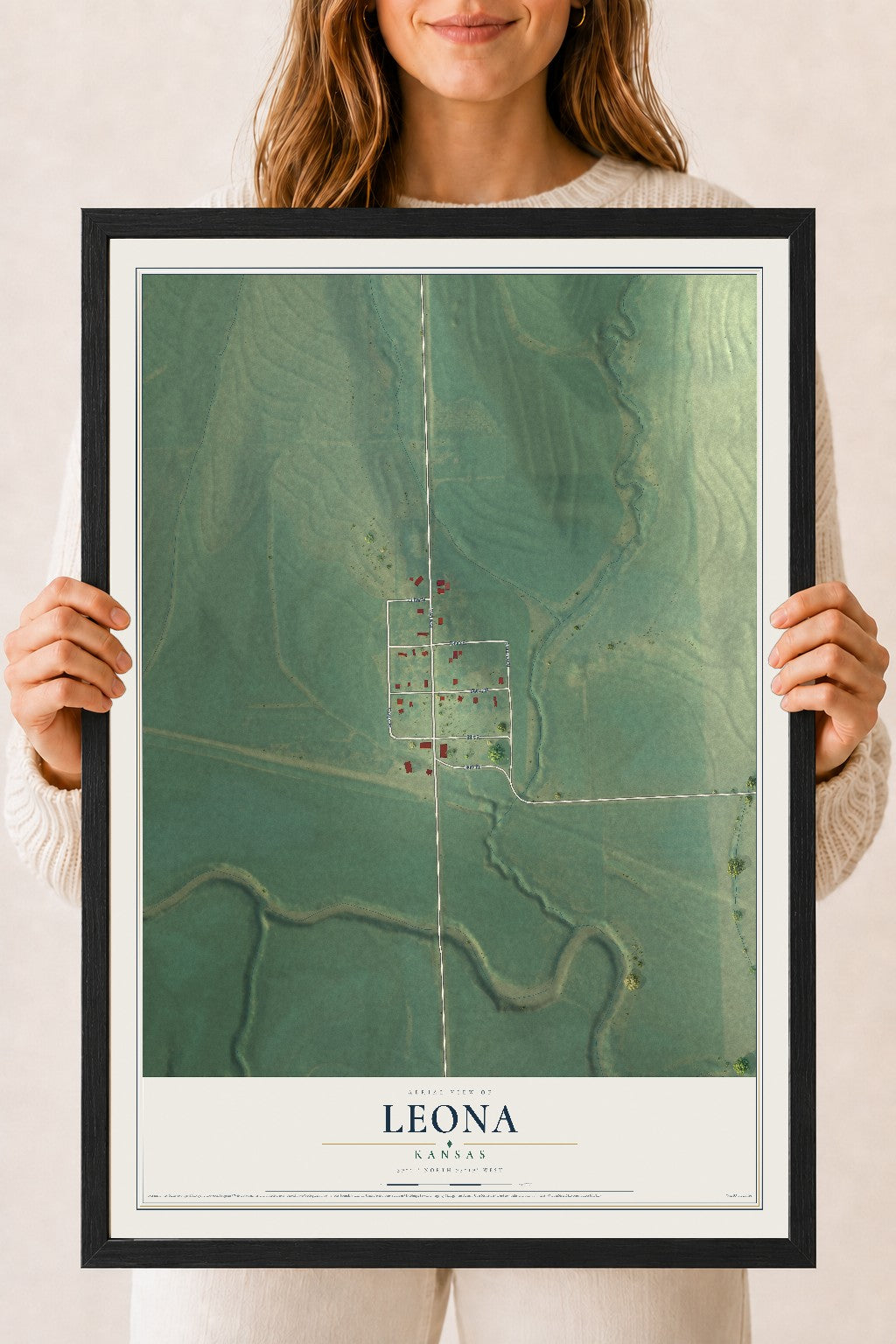 Map of Leona, Kansas, 18 x 24 inch print in a black wood frame