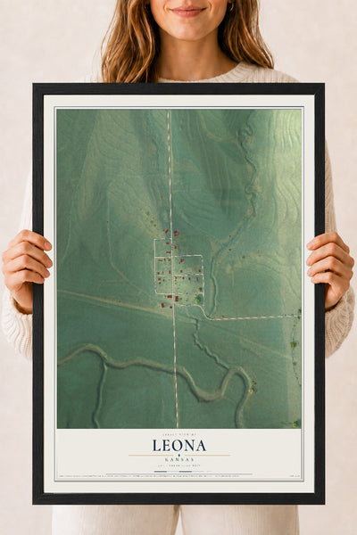Map of Leona, Kansas, 18 x 24 inch print in a black wood frame