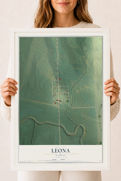 Map of Leona, Kansas, 18 x 24 inch print in a white wood frame
