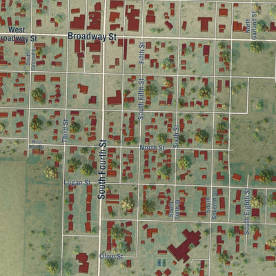 Close-up of the map of Leoti, Kansas print showing street and building detail