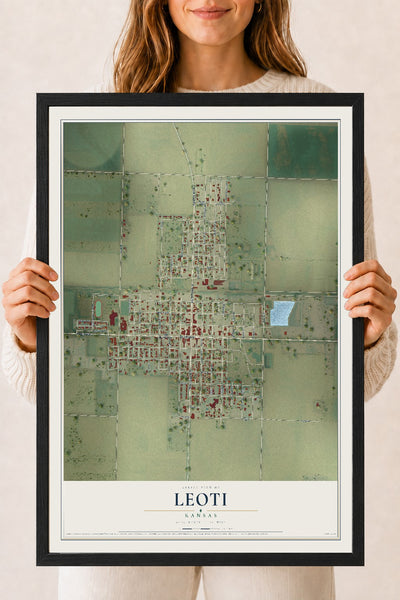 Map of Leoti, Kansas, 18 x 24 inch print in a black wood frame