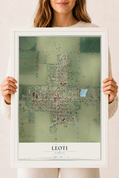 Map of Leoti, Kansas, 18 x 24 inch print in a white wood frame