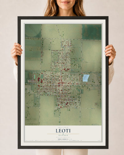 Map of Leoti, Kansas, 24 x 36 inch print in a black wood frame