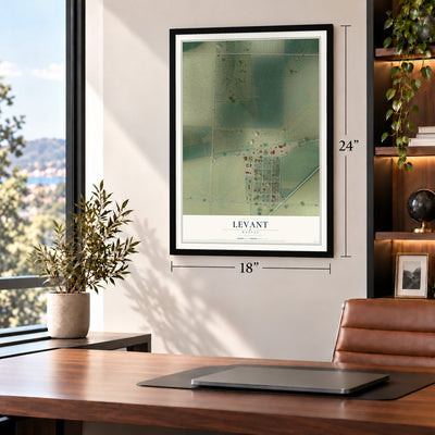 Levant, Kansas map, 18 x 24 inch print in a black frame in a home office