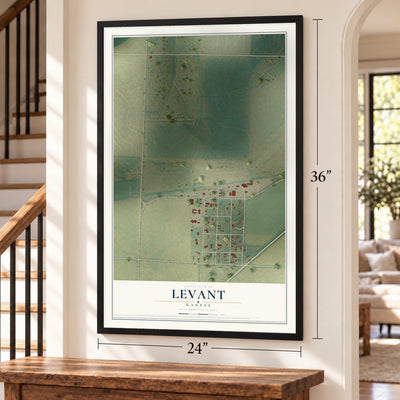 Levant, Kansas map, 24 x 36 inch print in a black frame by a staircase