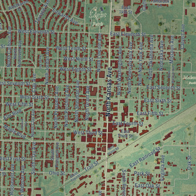 Close-up of the map of Liberal, Kansas print showing street and building detail
