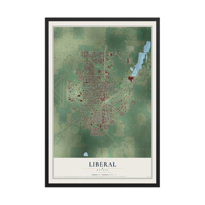 Map of Liberal, Kansas, 12 x 18 inch print in a black wood frame