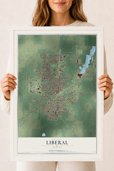 Map of Liberal, Kansas, 18 x 24 inch print in a white wood frame
