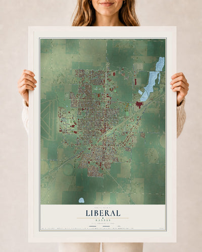 Map of Liberal, Kansas, 24 x 36 inch print in a white wood frame