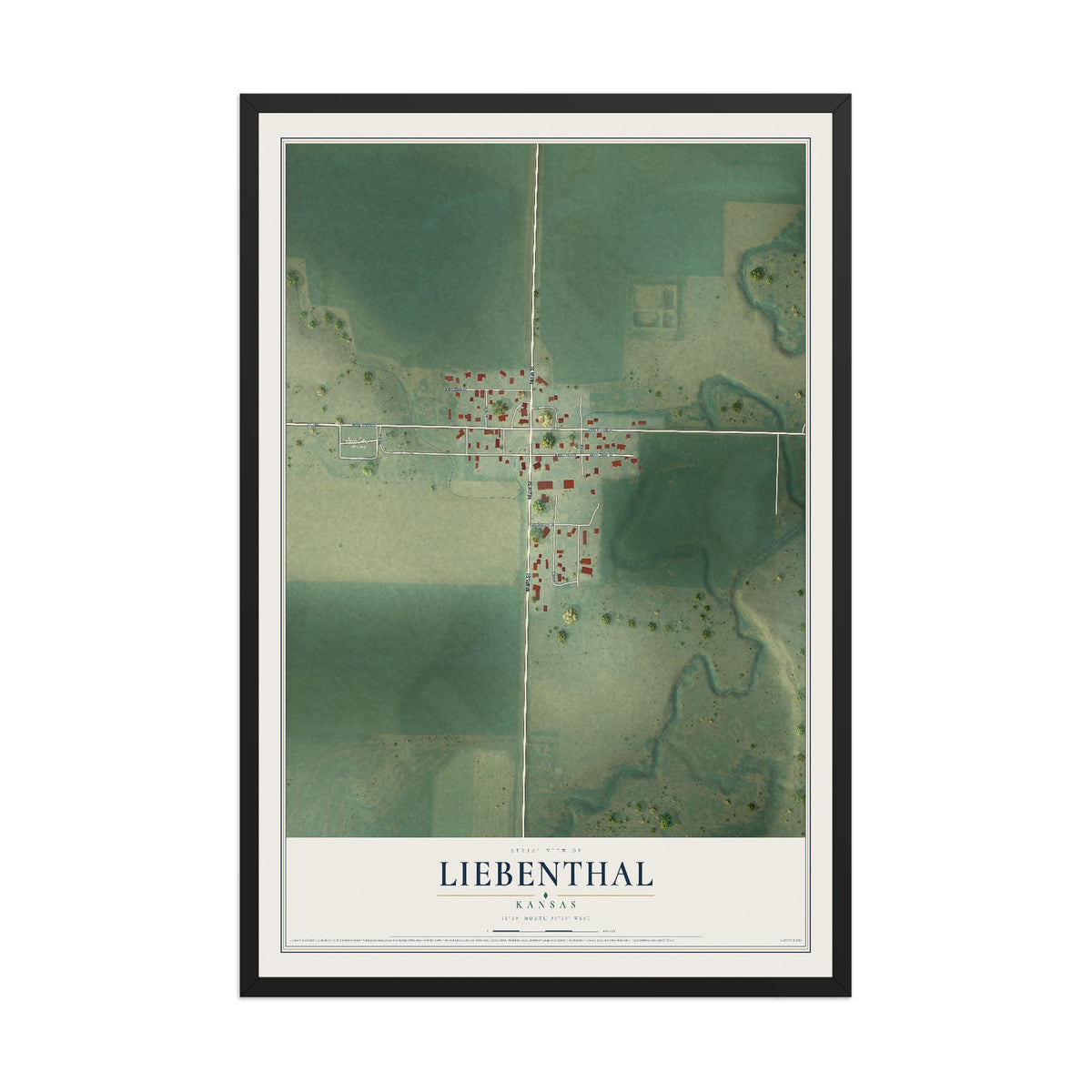 Map of Liebenthal, Kansas, 12 x 18 inch print in a black wood frame