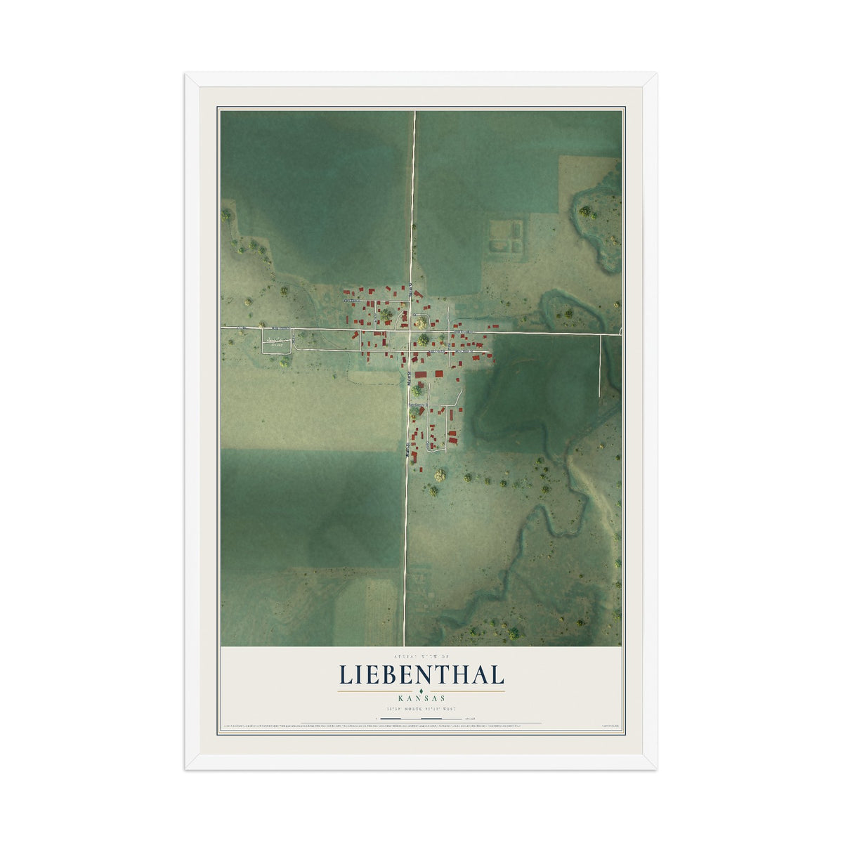 Map of Liebenthal, Kansas, 12 x 18 inch print in a white wood frame