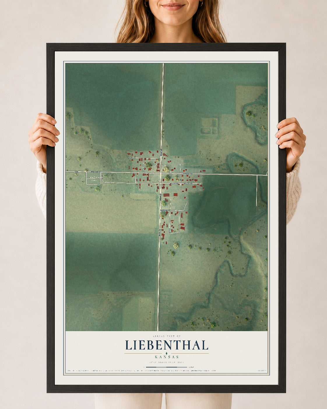 Map of Liebenthal, Kansas, 24 x 36 inch print in a black wood frame