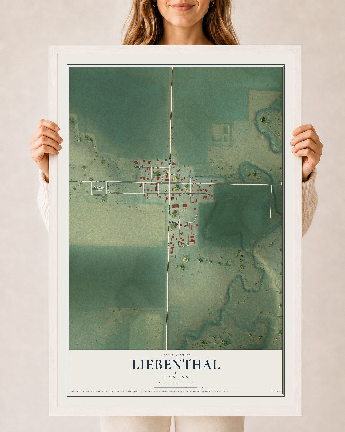 Map of Liebenthal, Kansas, 24 x 36 inch print in a white wood frame