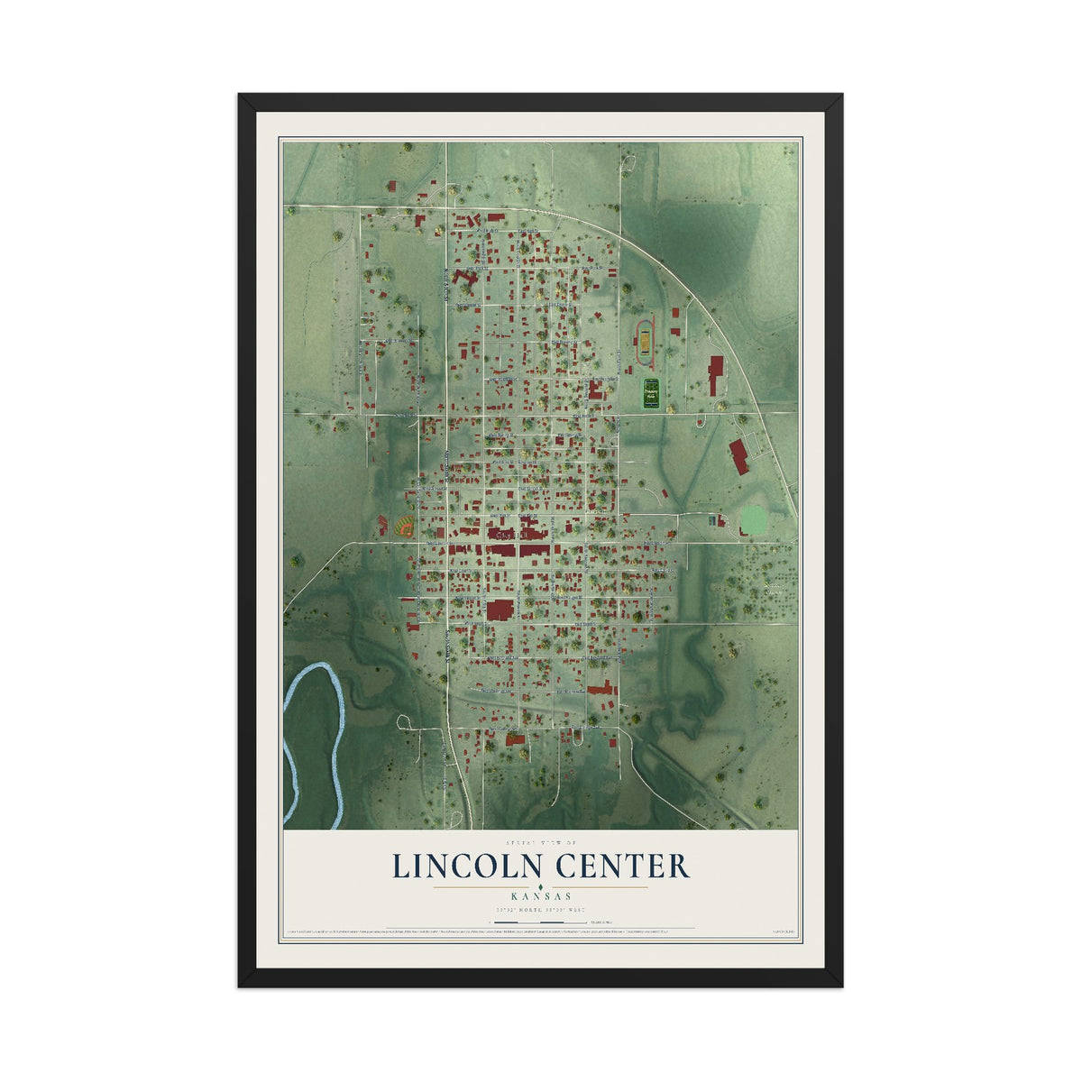 Map of Lincoln Center, Kansas, 12 x 18 inch print in a black wood frame