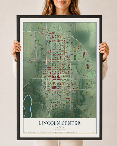 Map of Lincoln Center, Kansas, 24 x 36 inch print in a black wood frame