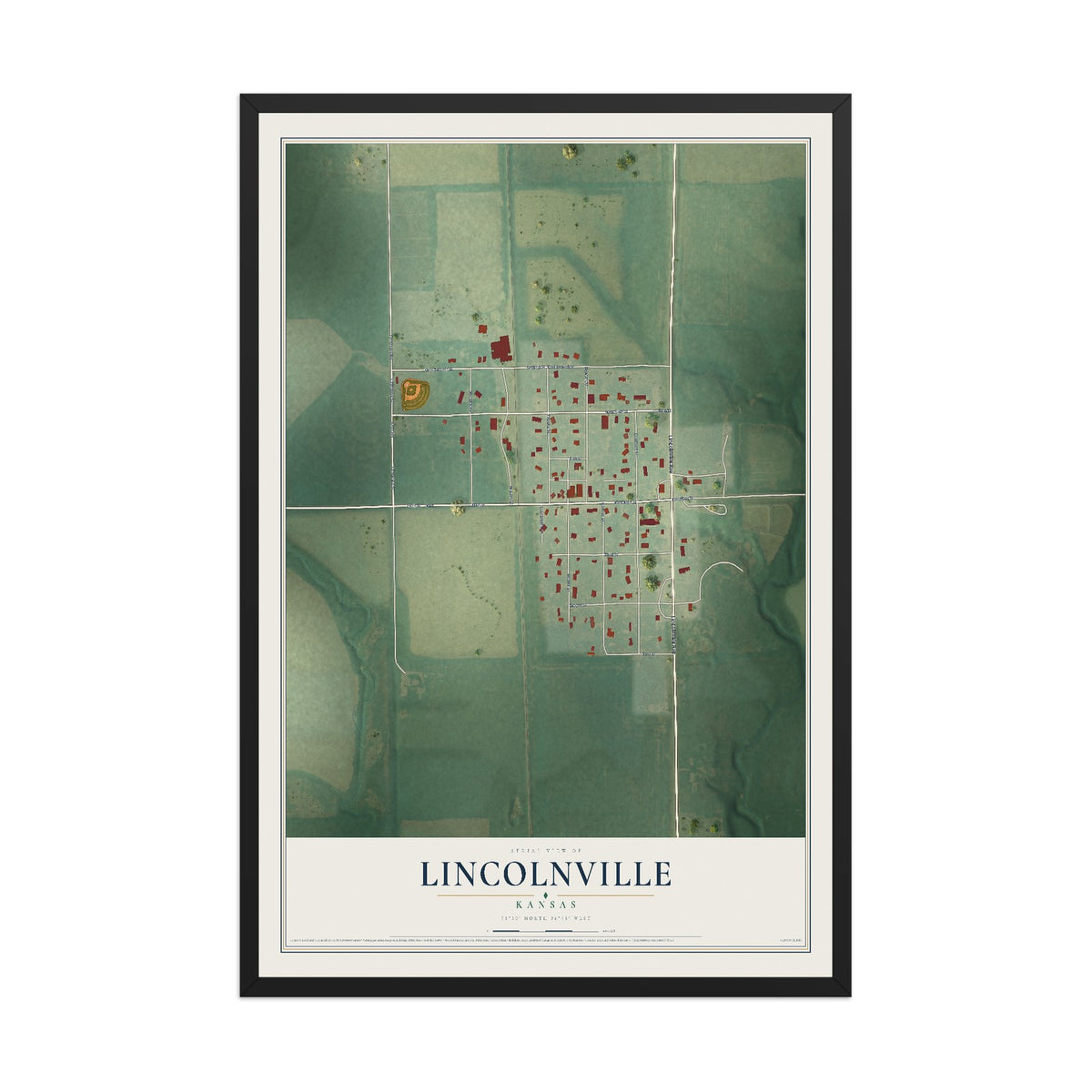 Map of Lincolnville, Kansas, 12 x 18 inch print in a black wood frame