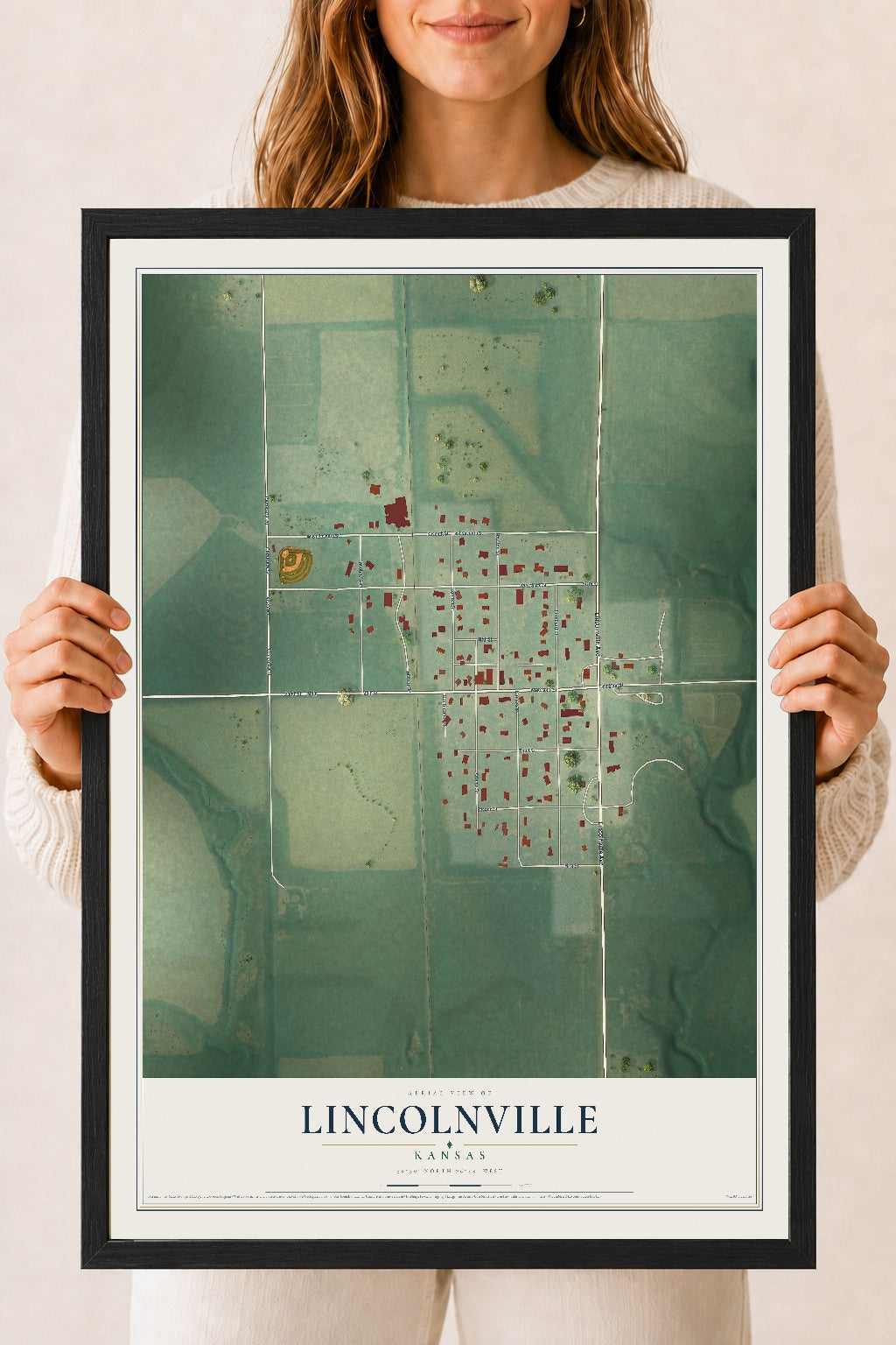 Map of Lincolnville, Kansas, 18 x 24 inch print in a black wood frame