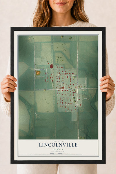 Map of Lincolnville, Kansas, 18 x 24 inch print in a black wood frame