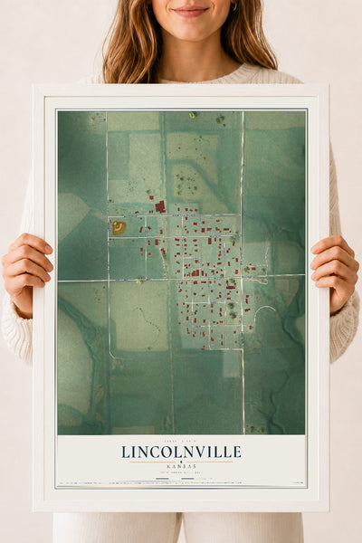 Map of Lincolnville, Kansas, 18 x 24 inch print in a white wood frame