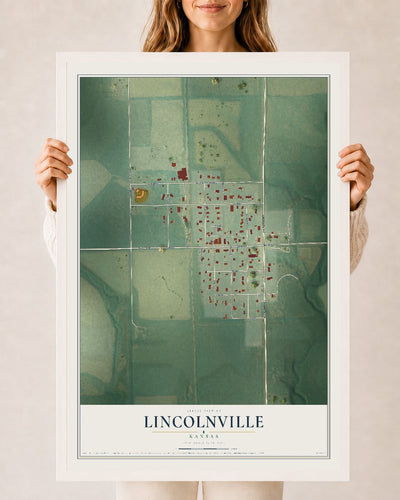 Map of Lincolnville, Kansas, 24 x 36 inch print in a white wood frame