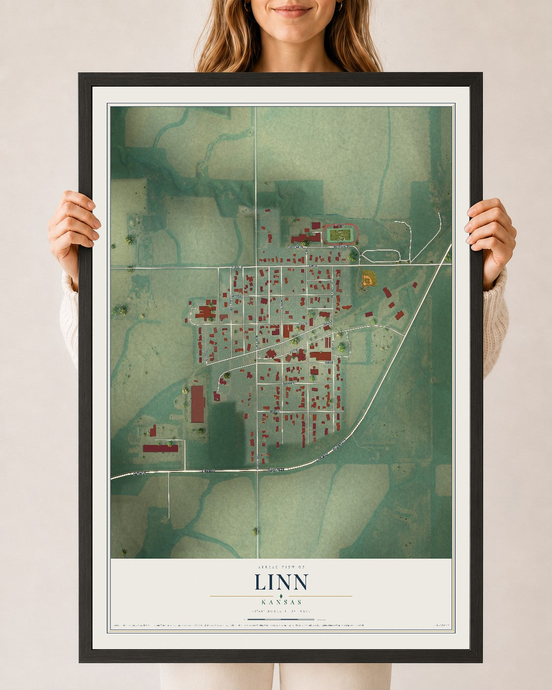 Map of Linn, Kansas, 24 x 36 inch print in a black wood frame