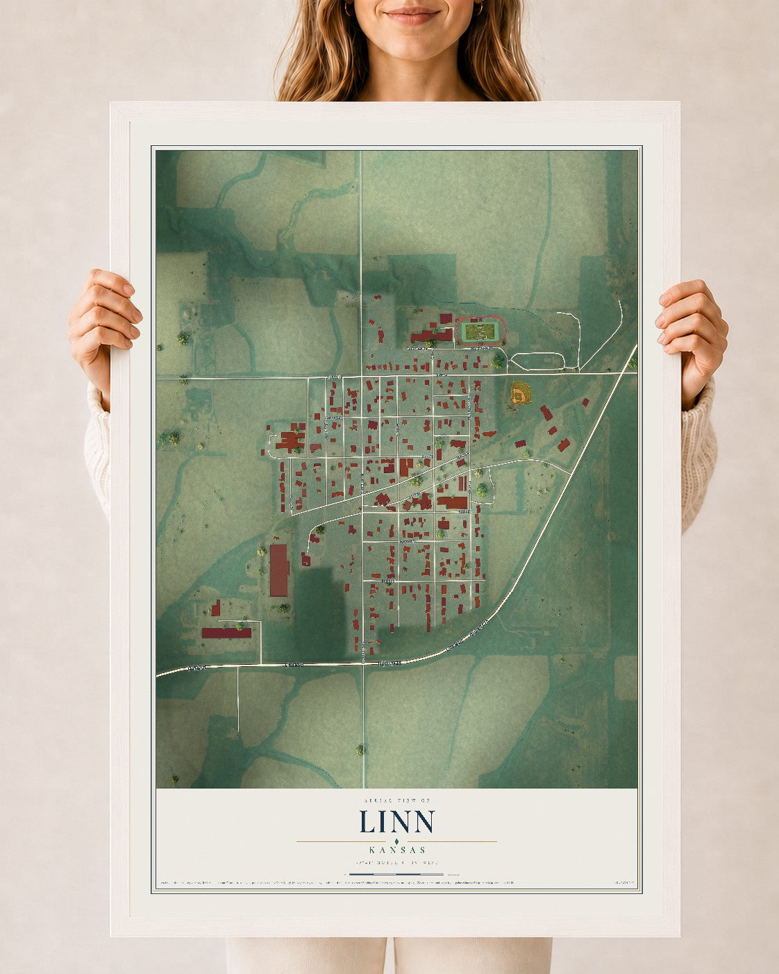 Map of Linn, Kansas, 24 x 36 inch print in a white wood frame