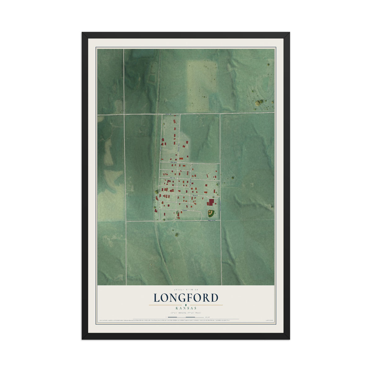 Map of Longford, Kansas, 12 x 18 inch print in a black wood frame