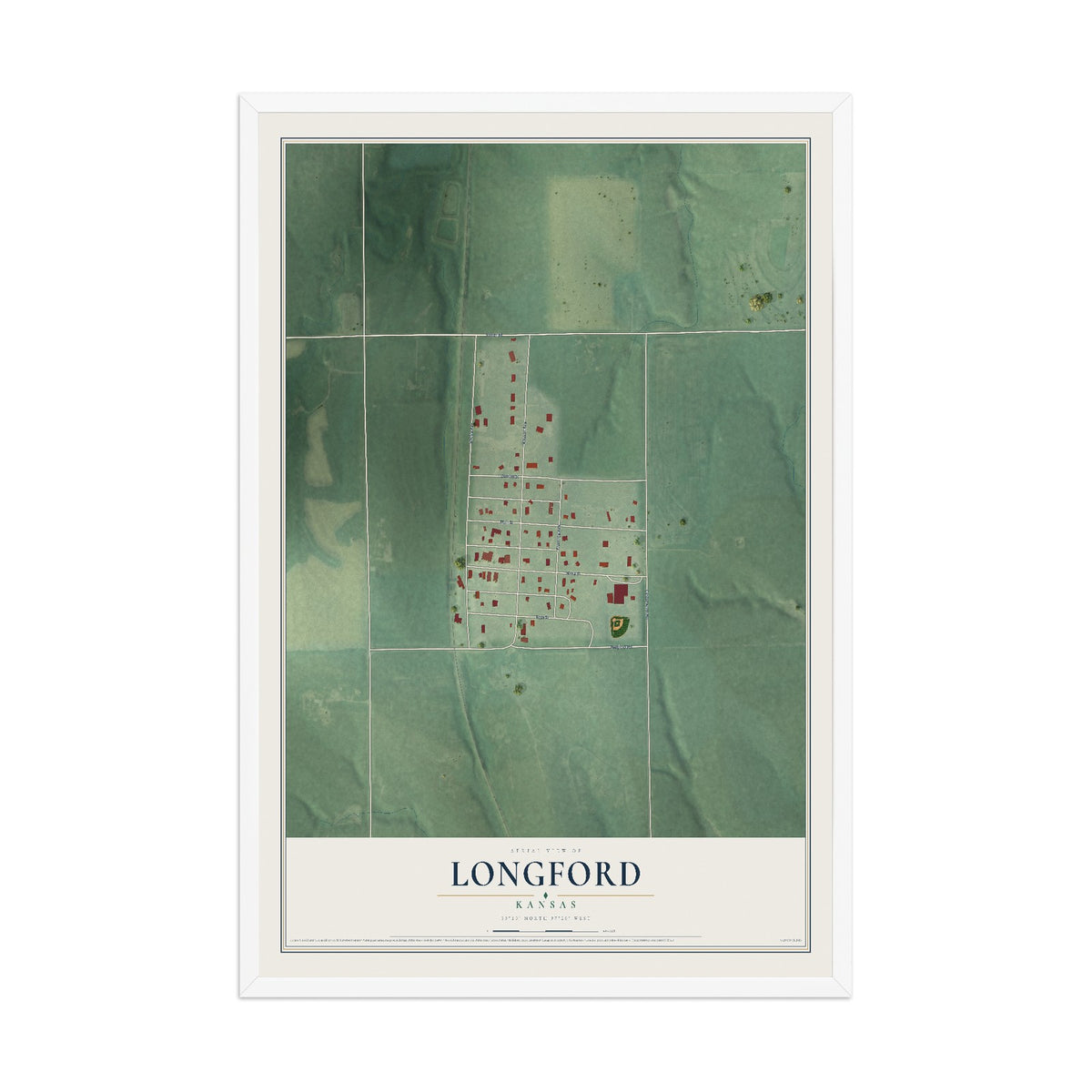 Map of Longford, Kansas, 12 x 18 inch print in a white wood frame