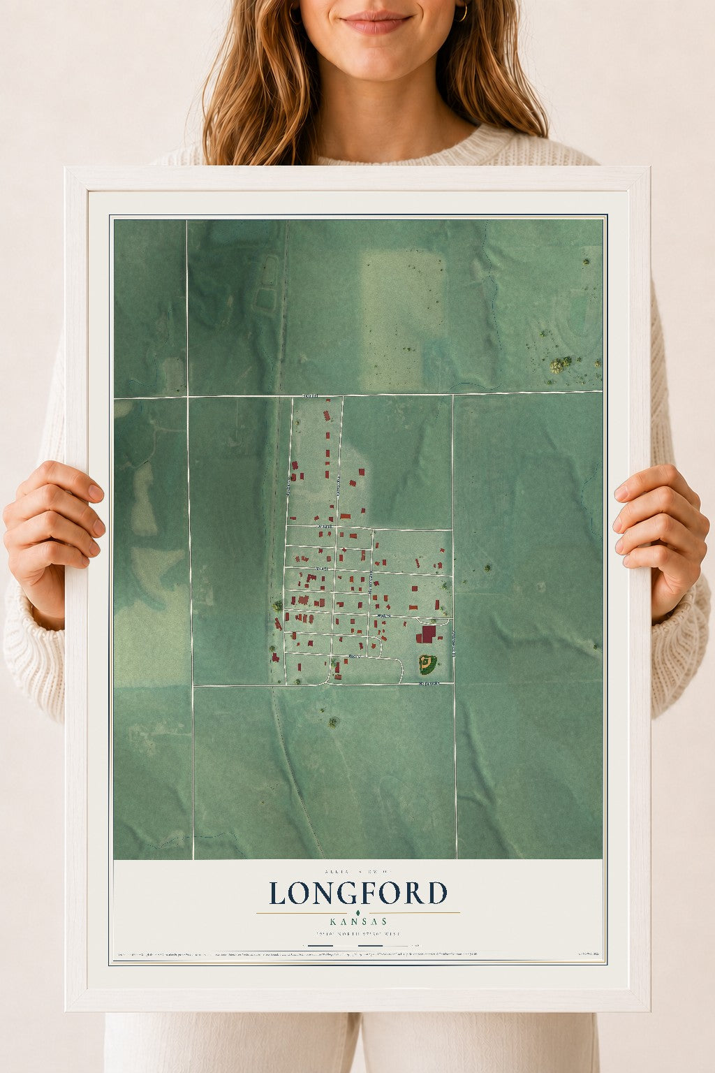 Map of Longford, Kansas, 18 x 24 inch print in a white wood frame