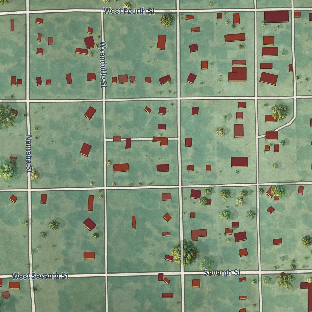 Close-up of the map of Longton, Kansas print showing street and building detail