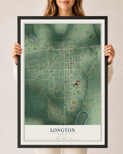 Map of Longton, Kansas, 24 x 36 inch print in a black wood frame
