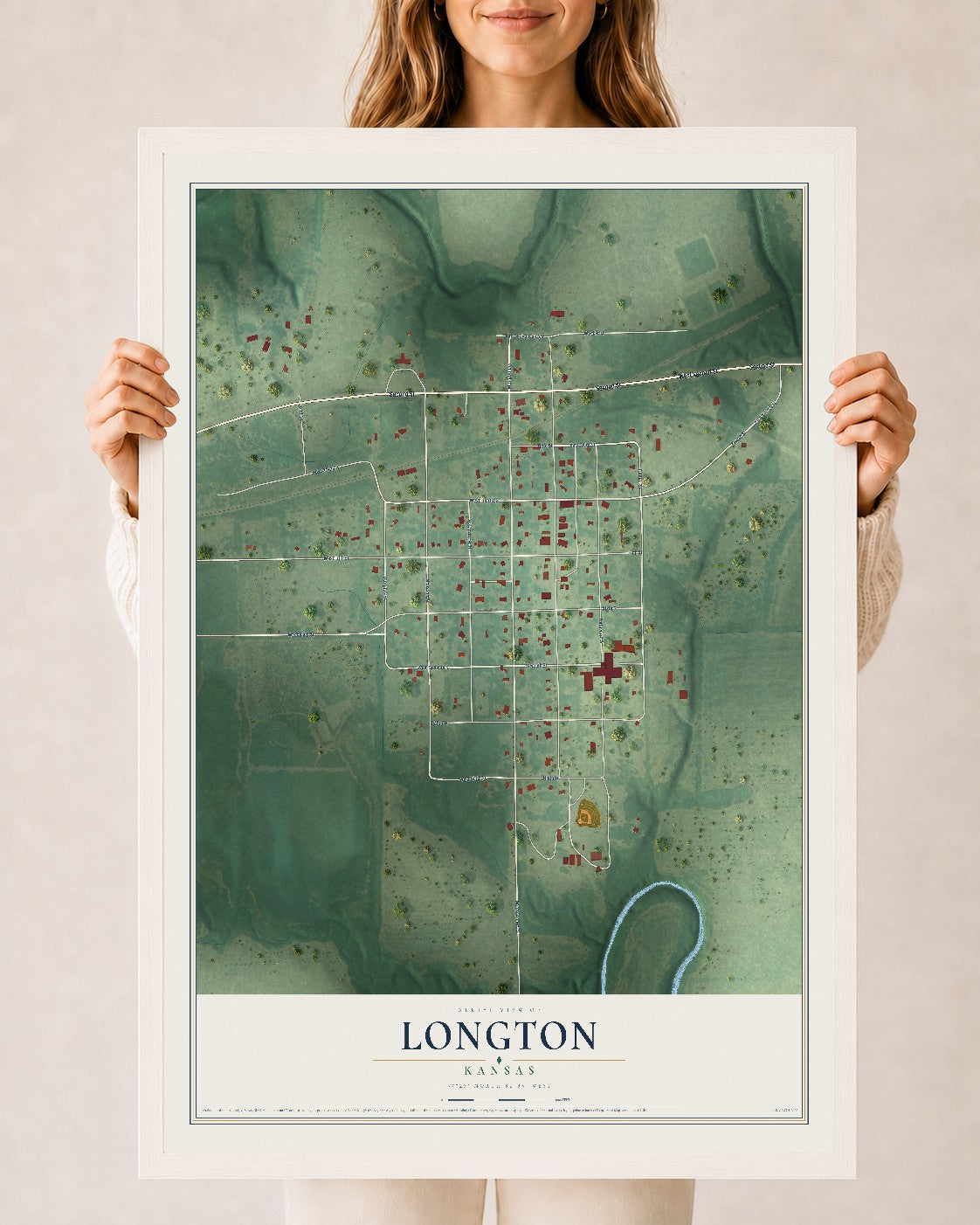 Map of Longton, Kansas, 24 x 36 inch print in a white wood frame