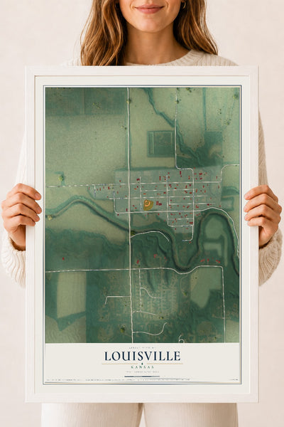 Map of Louisville, Kansas, 18 x 24 inch print in a white wood frame