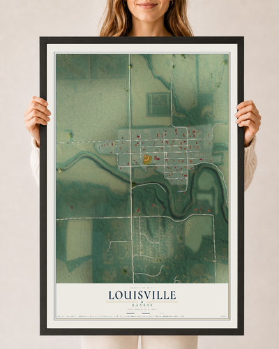 Map of Louisville, Kansas, 24 x 36 inch print in a black wood frame