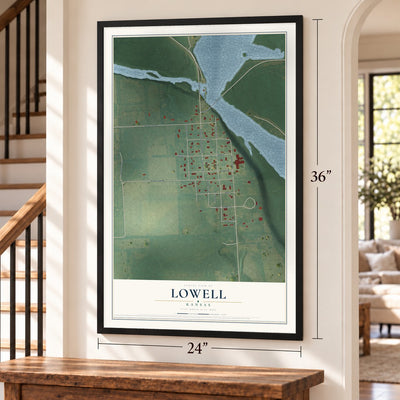 Lowell, Kansas map, 24 x 36 inch print in a black frame by a staircase