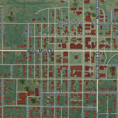 Close-up of the map of Lyons, Kansas print showing street and building detail