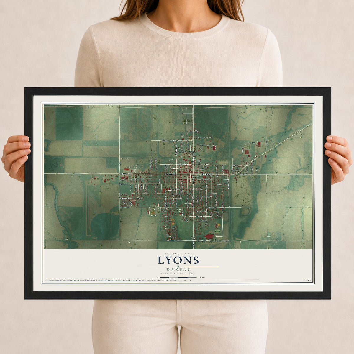 Map of Lyons, Kansas, 12 x 18 inch print in a black wood frame