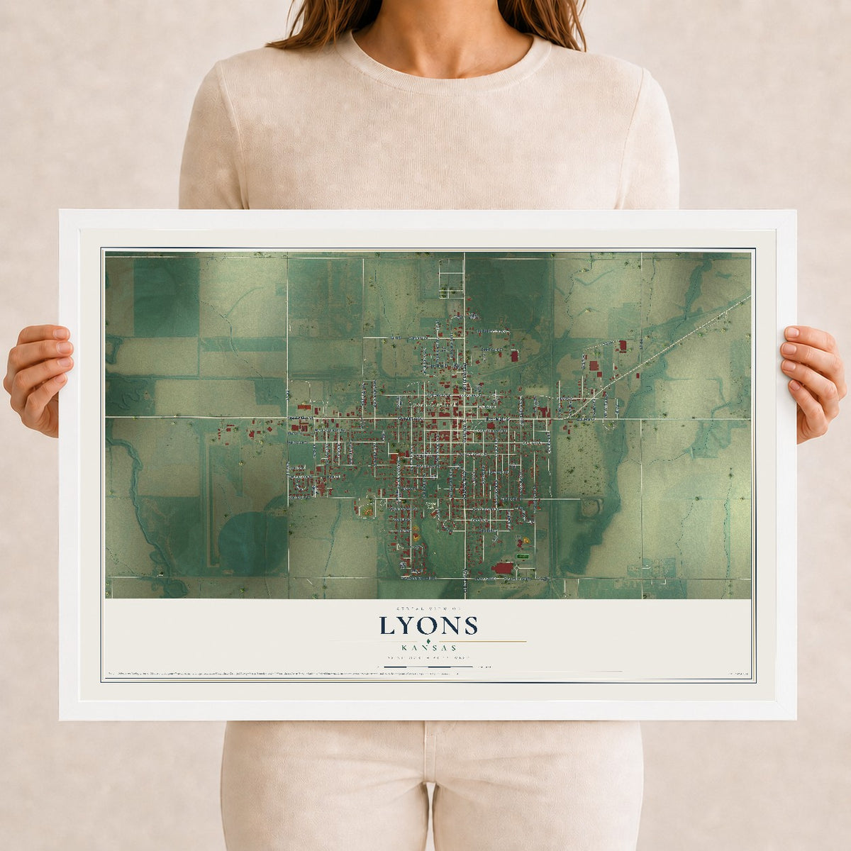 Map of Lyons, Kansas, 12 x 18 inch print in a white wood frame