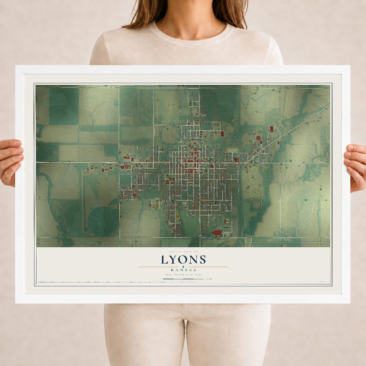 Map of Lyons, Kansas, 18 x 24 inch print in a white wood frame