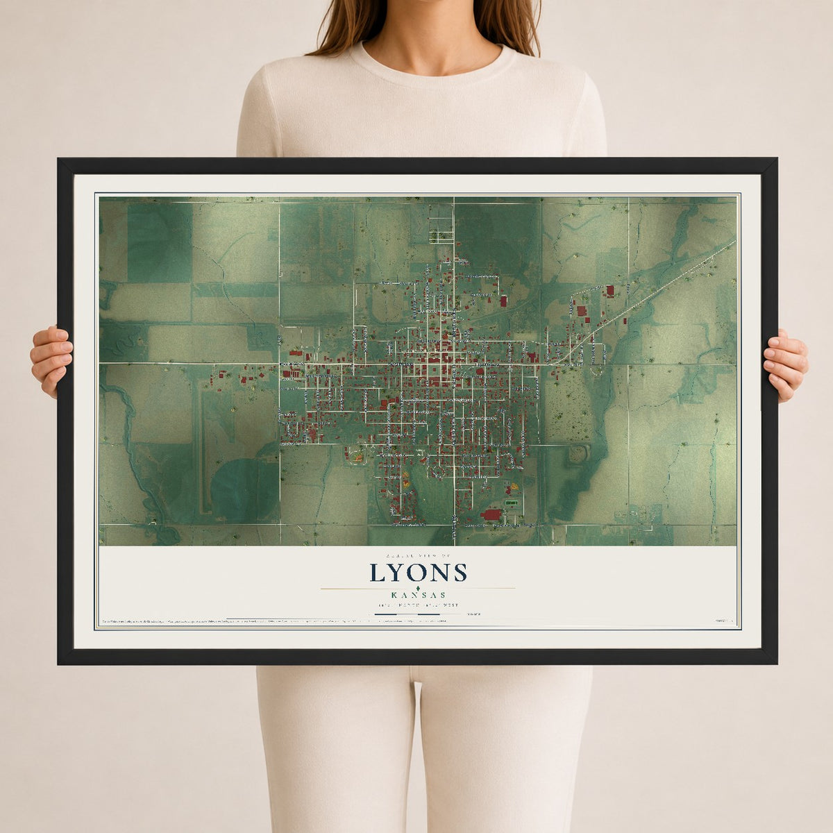 Map of Lyons, Kansas, 24 x 36 inch print in a black wood frame