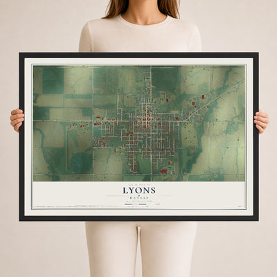 Map of Lyons, Kansas, 24 x 36 inch print in a black wood frame